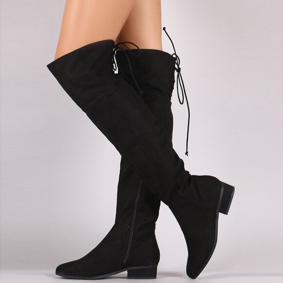New Black Faux Suede Back Lace-Up Over The Knee Riding Moto Boots Low Block Heel - Picture 1 of 3